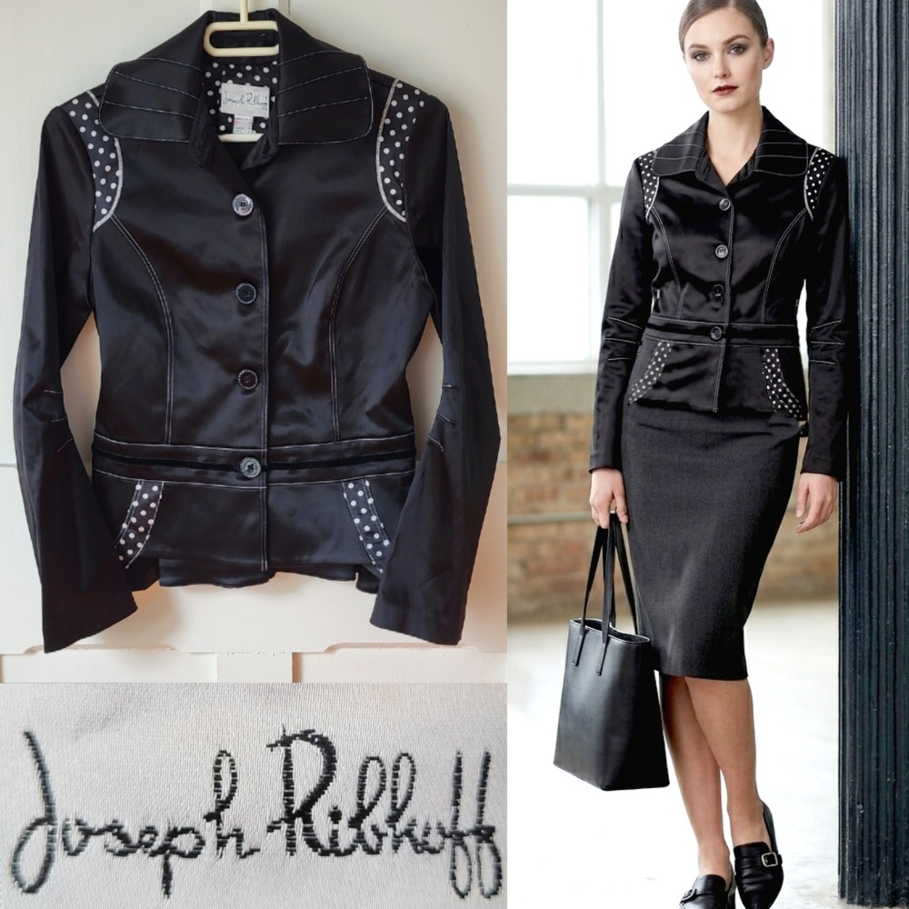 Joseph Ribkoff Black Satin Blazer with Polka Dot Trim